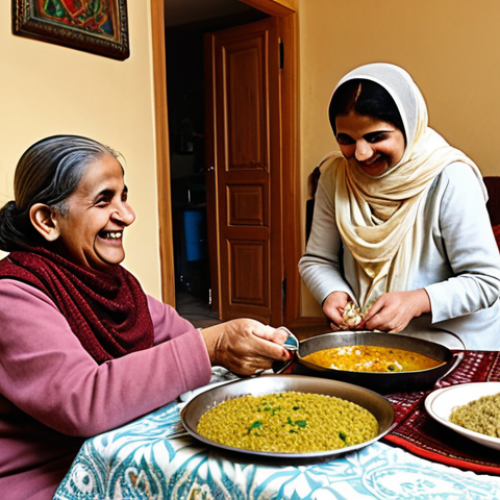 Home 4 **
A cozy living room scene in Germany. An elderly person is smiling as a home caregiver helps them prepare a traditional Urdu dish (e.g., Biryani or Haleem). The scene should convey warmth, respect, and a focus on cultural connection. Include details like Urdu books or calligraphy in the background.
**