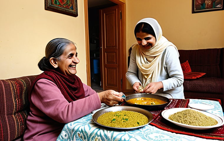 **
A cozy living room scene in Germany. An elderly person is smiling as a home caregiver helps them prepare a traditional Urdu dish (e.g., Biryani or Haleem). The scene should convey warmth, respect, and a focus on cultural connection. Include details like Urdu books or calligraphy in the background.
**